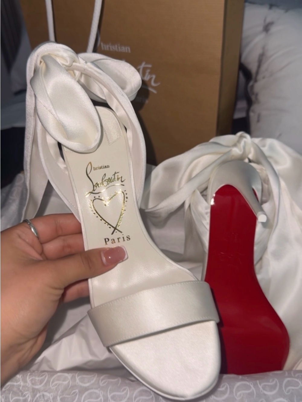 Christian Louboutin White Satin Slingback Bow Heels with Red Soles